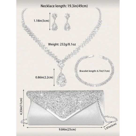 Silver Glitter Evening Clutch and Rhinestone Jewelry Set Wedding Prom 4-Piece